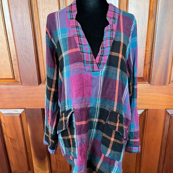 Natural Life Tunic Top Shirt Long Sleeve Colorful Plaid Pockets Boho Size Small - Picture 2 of 10